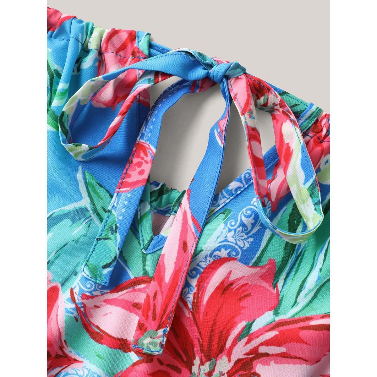 Plus Size Sweet Tropical Print Halter Neck Dress Skyblue Women Halter neck Sleeveless Curvy BloomChic 28/5X Product Image