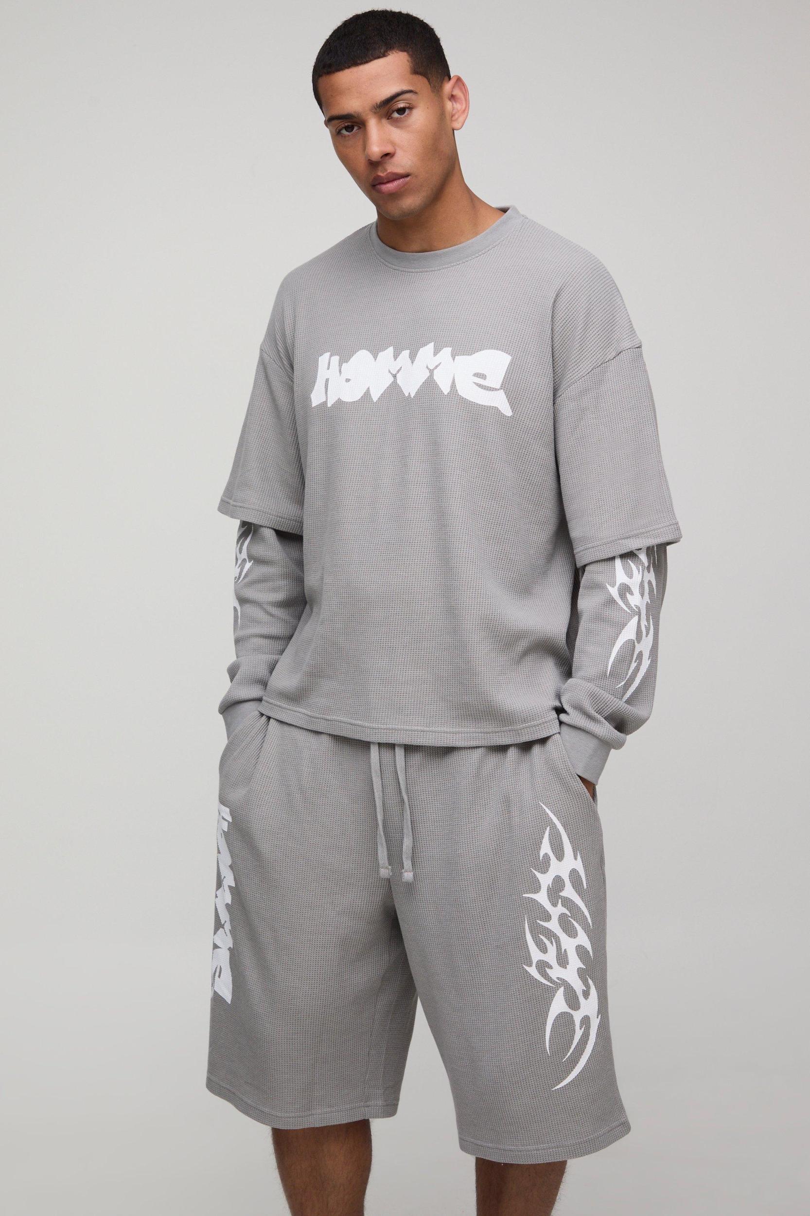 Oversized Boxy Faux Layer Waffle T-Shirt & Jort Set | boohooMAN USA Product Image