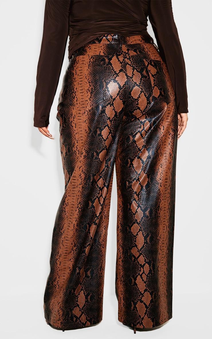 Plus Brown Faux Leather Snake Print Wide Leg Pants Product Image