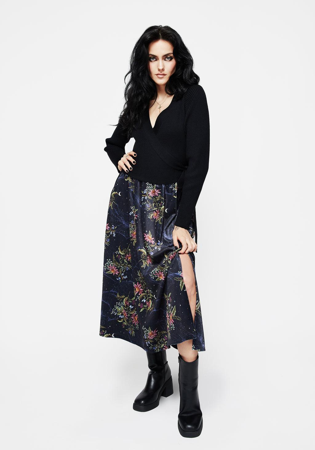 Cleome Floral Spiderweb Velour Midi Skirt Product Image