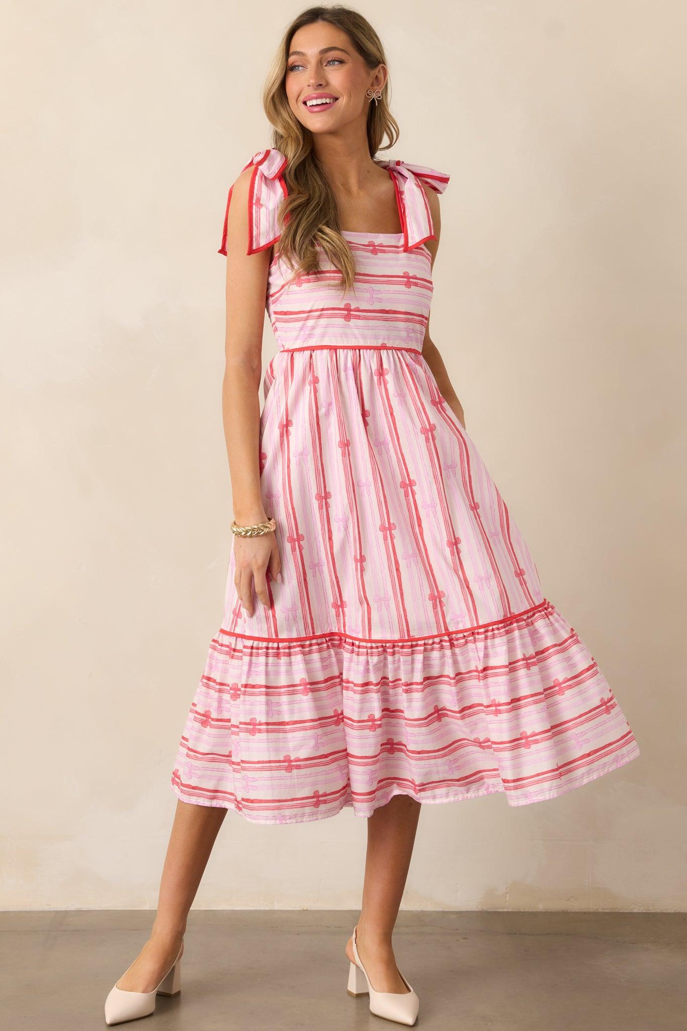 Through The Fields Pink Multi Stripe Cotton Midi Dress Product Image