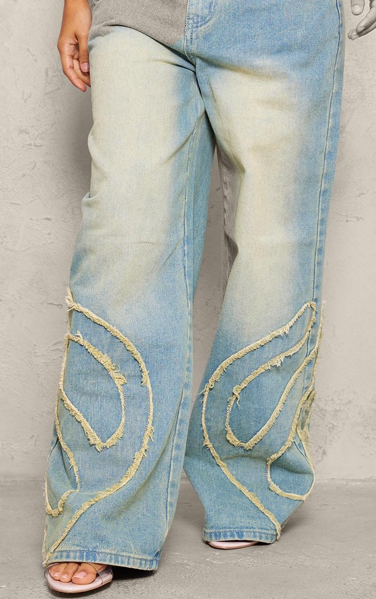 Petite Vintage Bleach Wash Mid Rise Embroidered Wide Leg Jeans Product Image
