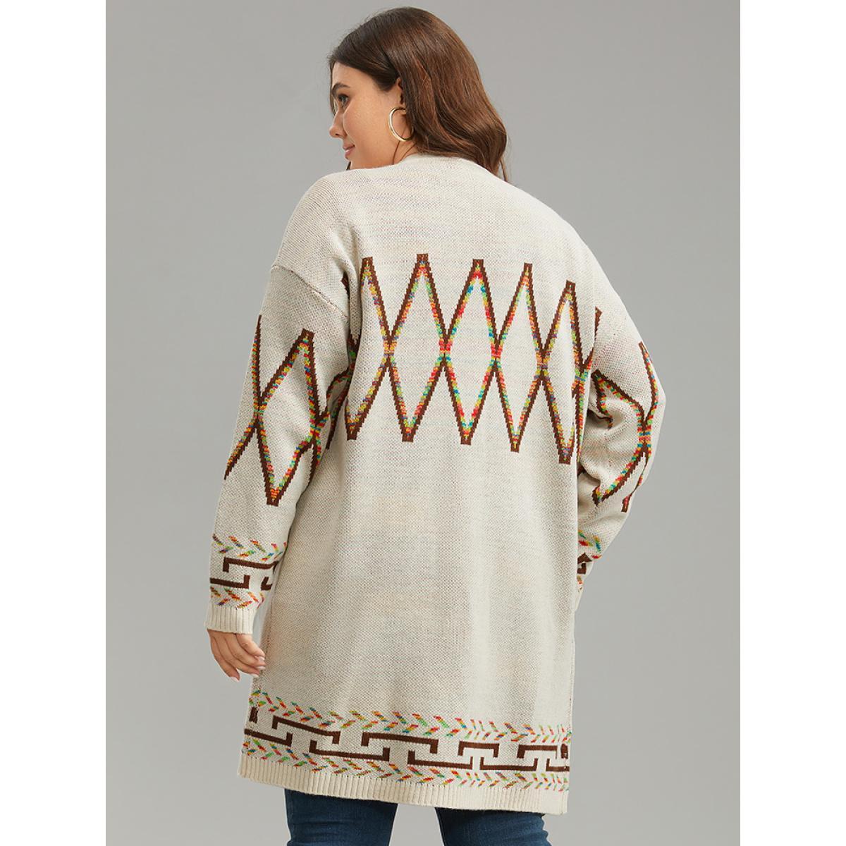 Plus Size Boho Geometric Print Open Front Cardigan Beige Women Casual Loose Long Sleeve Everyday Cardigans BloomChic 26/4X Product Image