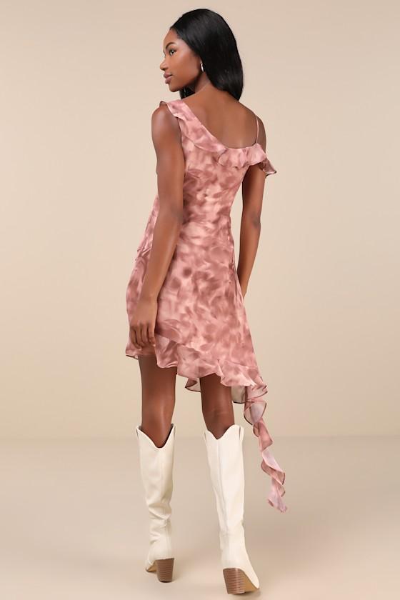 Ethereal Mood Mauve Abstract Ruffled Asymmetrical Mini Dress Product Image