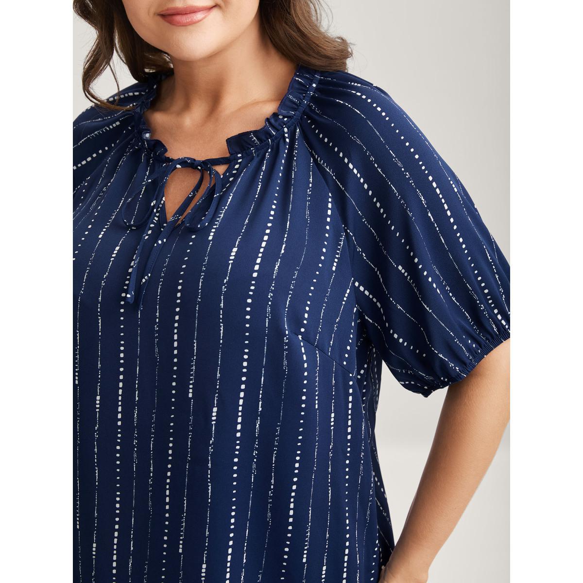 Plus Size DarkBlue Textured Notched Collar Tie Puffy Blouse Women Short sleeve Notched collar Work Blouses BloomChic 12/L Product Image