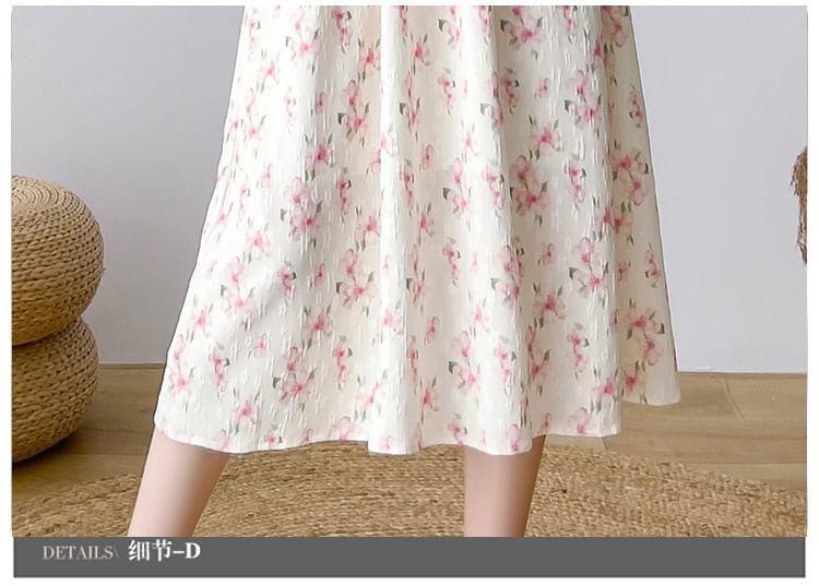 Spaghetti Strap Floral Lace-Up Midi A-Line Sundress / Plain Cardigan Product Image