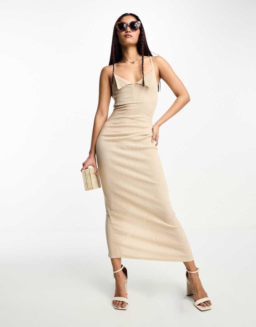 ASOS DESIGN textured strappy midi dress with fold over bust Product Image