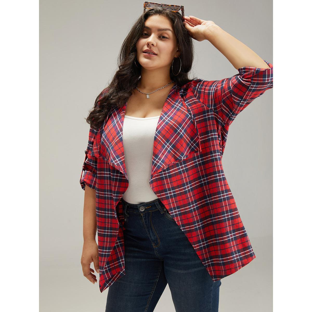 Plus Size Plaid Asymmetrical Hem Tab Sleeve Jacket Women Scarlet Button Dailywear Jackets BloomChic 10/M Product Image