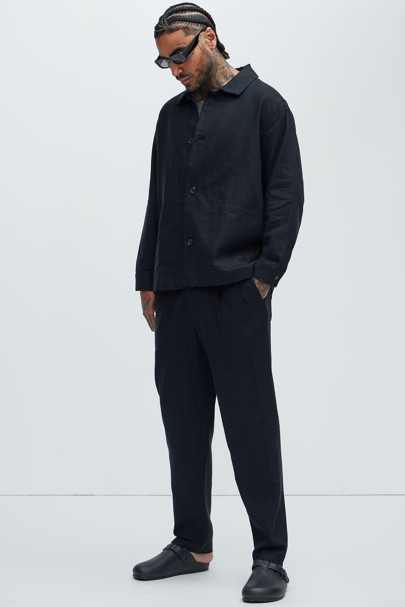 Bahamas Straight Pleated Linen Trousers - Black Product Image