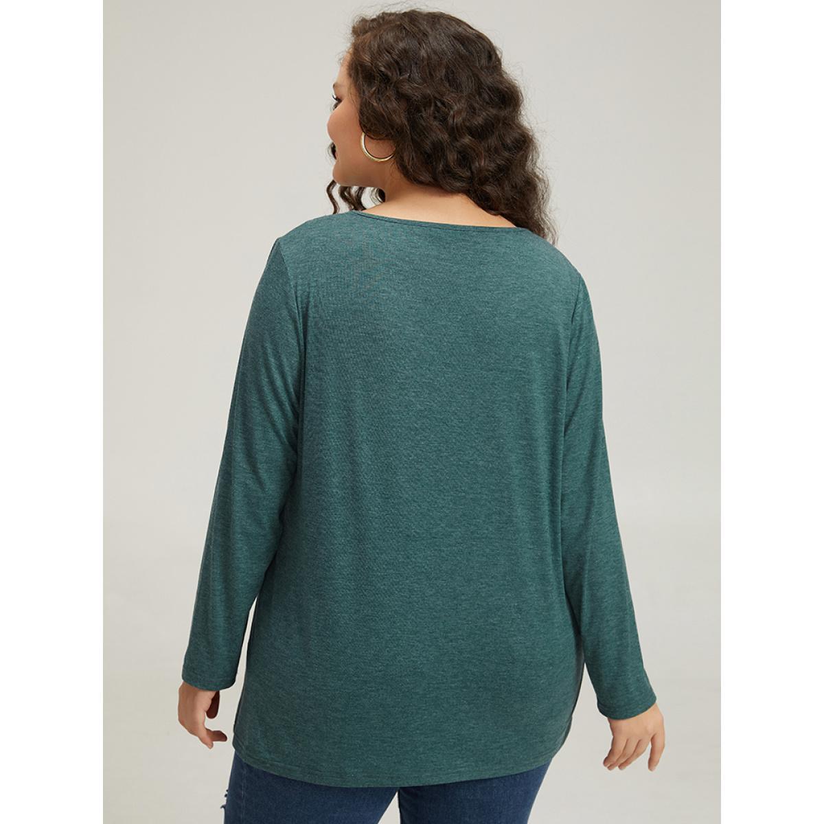 Plus Size Plain Heather Pleated V Neck T-shirt DarkGreen Women Casual Plain Plain V-neck Dailywear T-shirts BloomChic 30/6X Product Image
