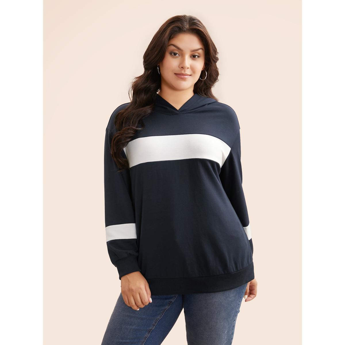 Plus Size Contrast Patchwork Hooded Sweatshirt Women Midnight Casual Contrast Hooded Everyday Sweatshirts BloomChic 14-16/1X Product Image