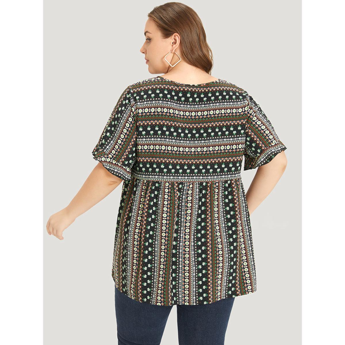 Plus Size Multicolor Bandana Patchwork Ruffle Sleeve Blouse Women Vacation Short sleeve Round Neck Dailywear Blouses BloomChic 28/5X Product Image