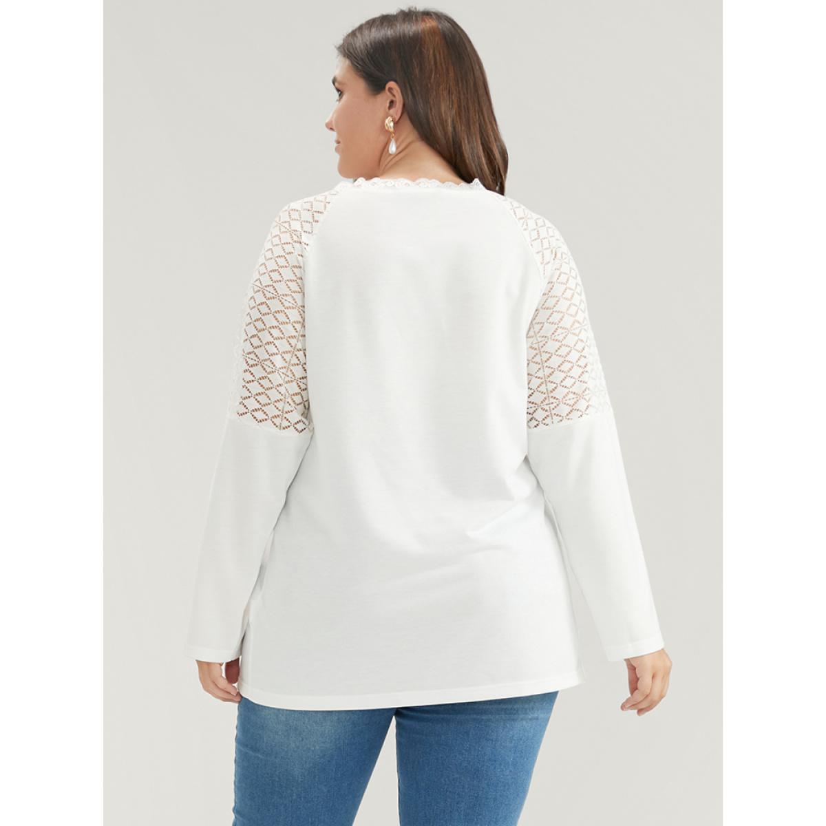 Plus Size Solid Contrast Lace	V Neck Long Tee White Women Elegant Patchwork Plain V-neck Dailywear T-shirts BloomChic 18-20/2X Product Image