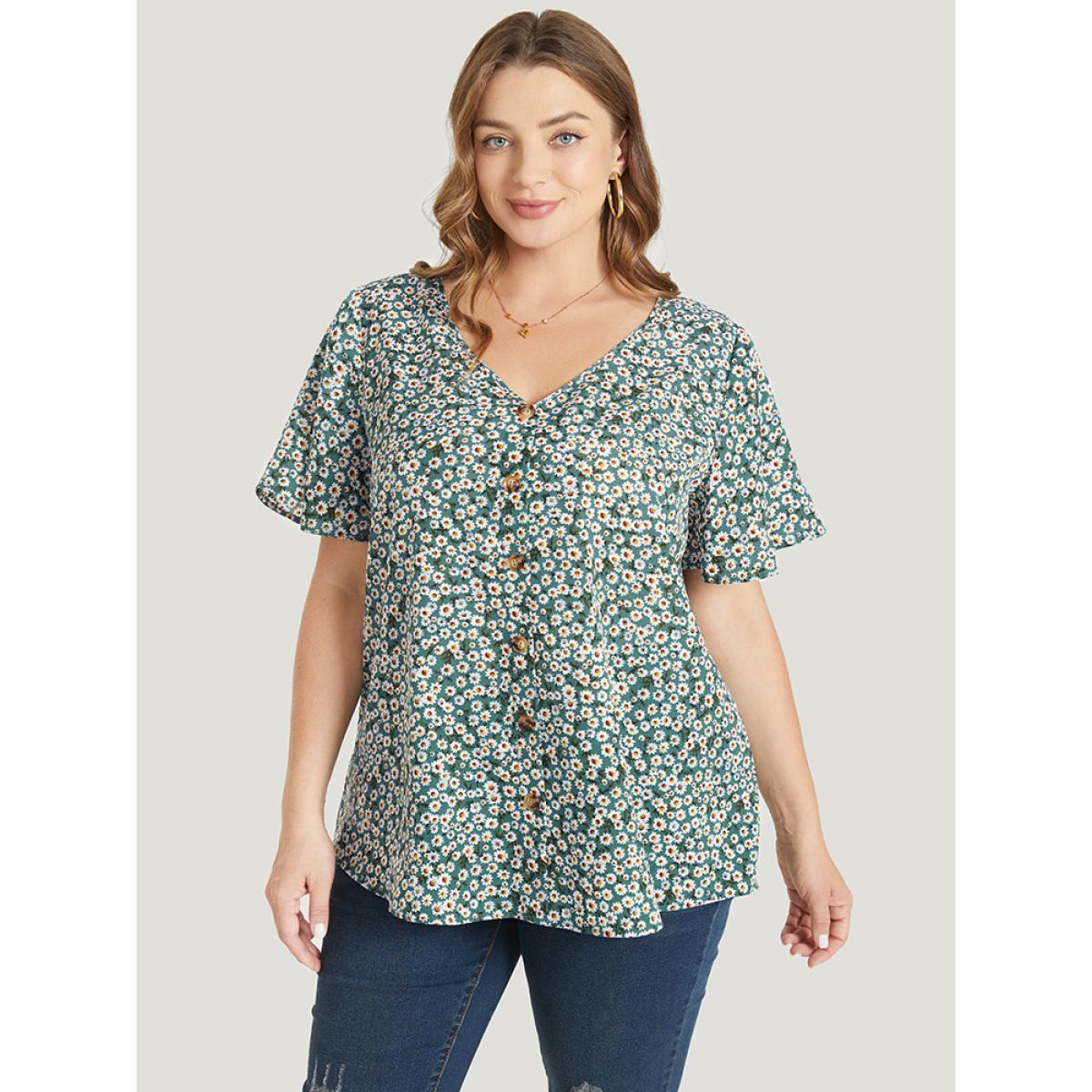 Plus Size Mint Daisy Floral Button Detail Ruffle Sleeve Blouse Women Elegant Short sleeve V-neck Dailywear Blouses BloomChic 18-20/2X Product Image