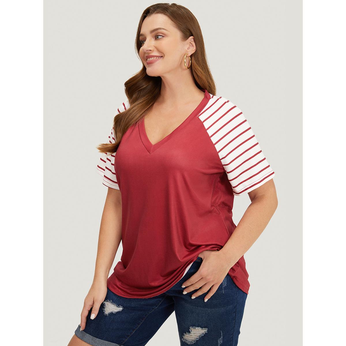 Plus Size Striped Contrast Raglan Sleeve V Neck T-shirt Scarlet Women Casual Patchwork Striped V-neck Dailywear T-shirts BloomChic 12/L Product Image
