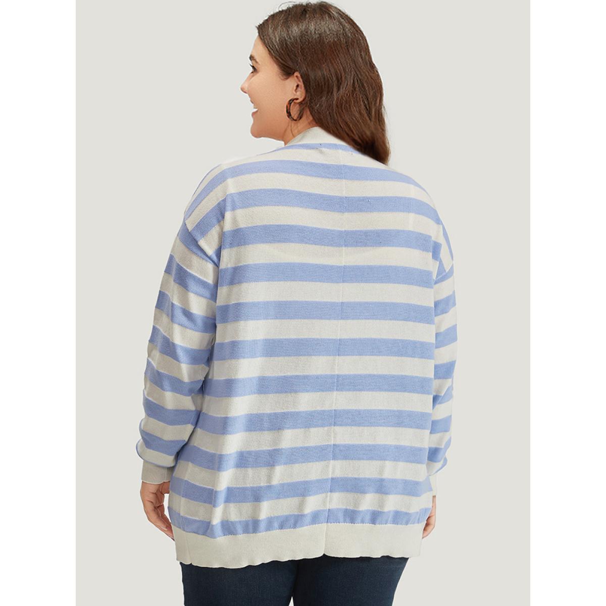 Plus Size Striped Button Down Patched Pocket Cardigan LightBlue Women Casual Loose Long Sleeve Everyday Cardigans BloomChic 12/L Product Image
