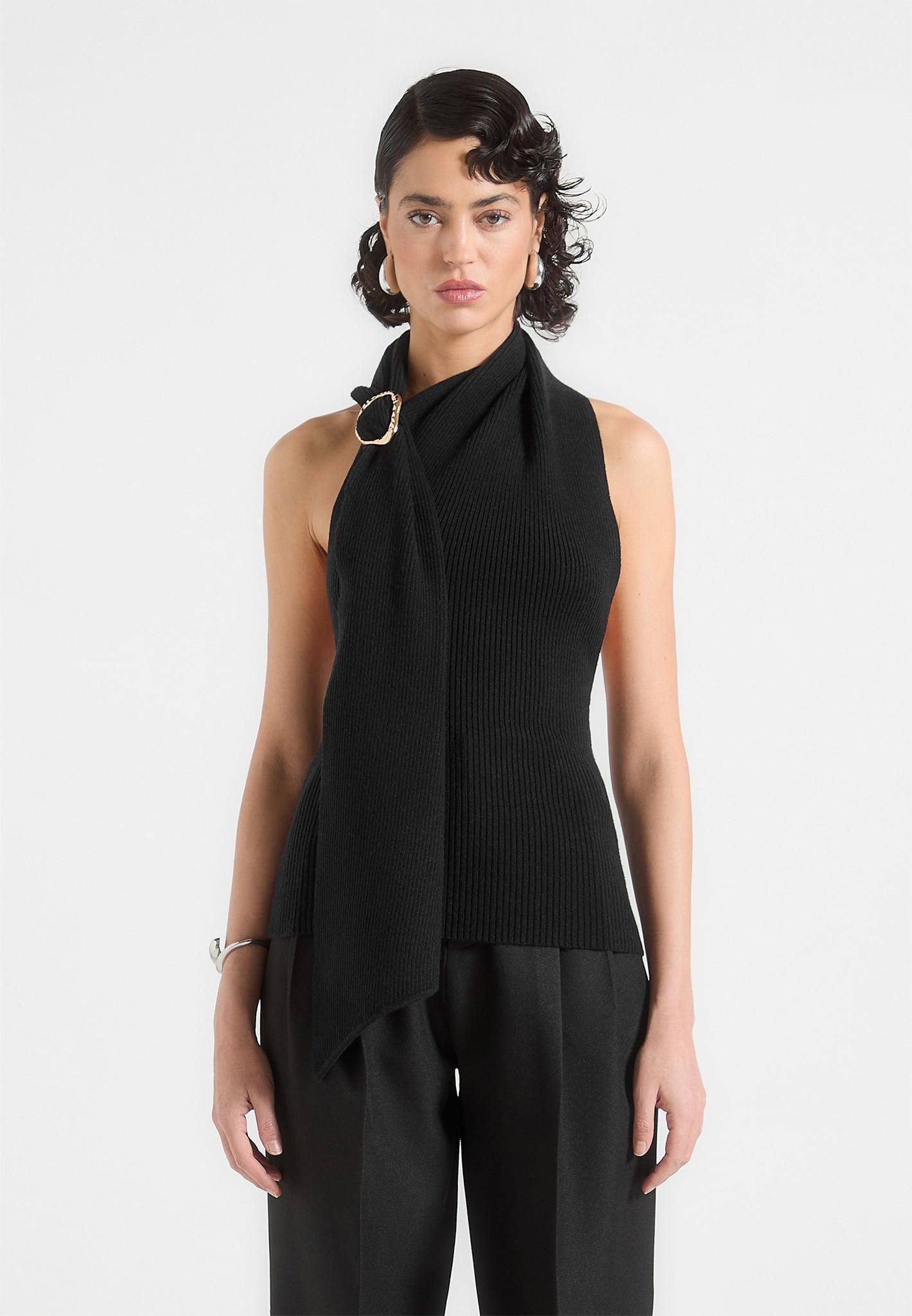 Knitted Draped Halterneck Top - Black Female Product Image