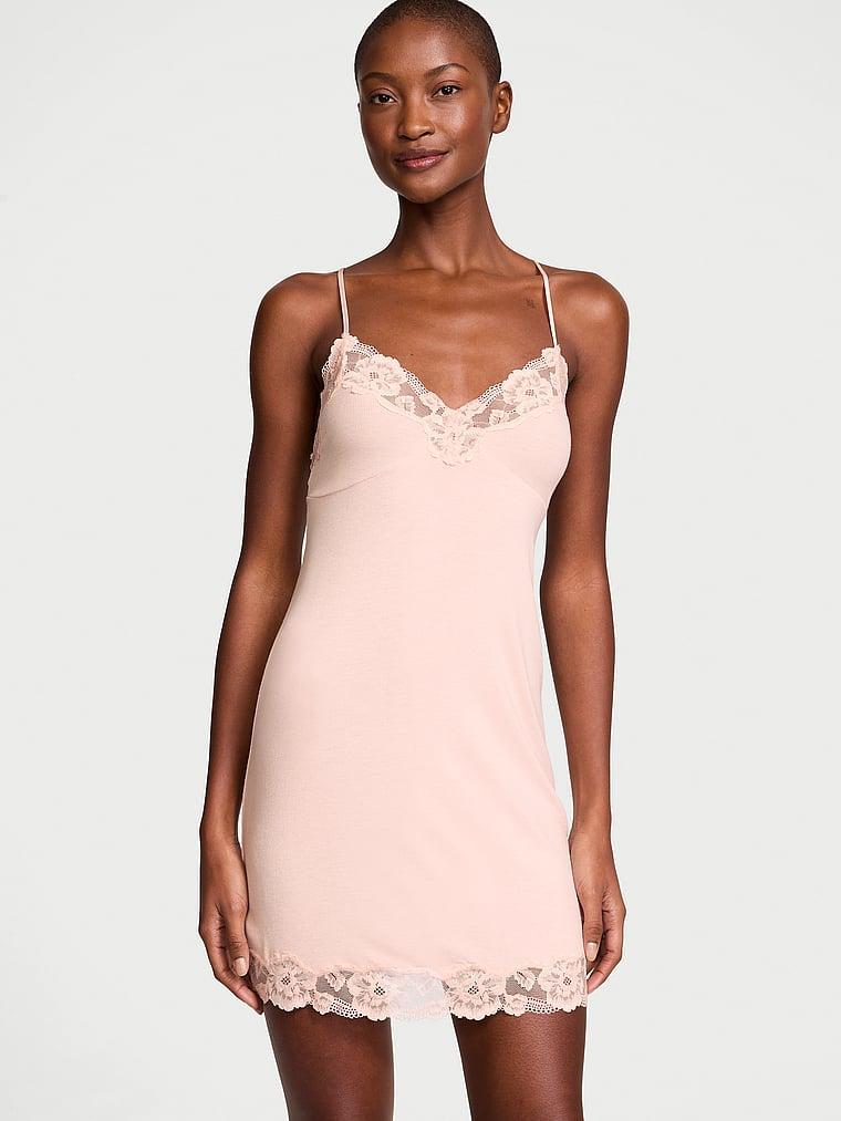 Ribbed Modal & Lace Cross-Back Slip Dress Product Image