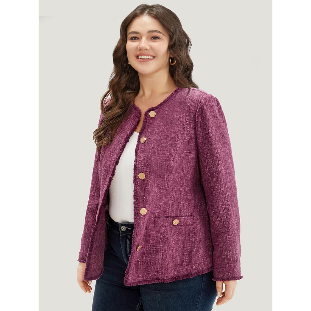 Plus Size Texture Buckle Detail Fuzzy Trim Jacket Women RedViolet Texture Pocket Dailywear Jackets BloomChic 28/5X Product Image
