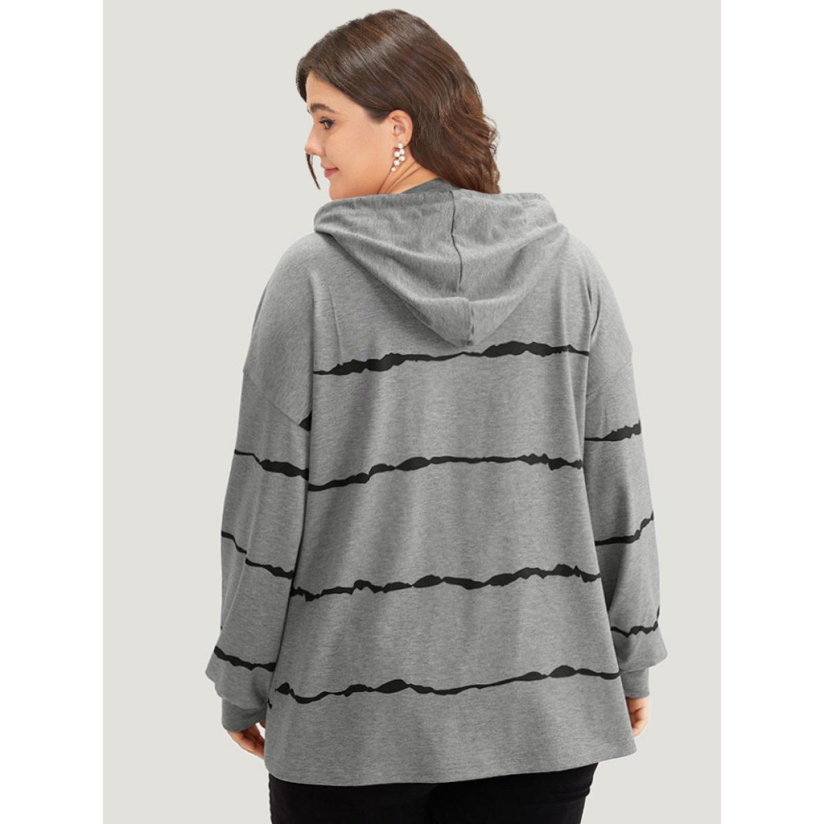 Plus Size Striped Drawstring Hooded Button Up Sweatshirt Women Gray Casual Elastic cuffs Hooded Dailywear Sweatshirts BloomChic 26/4X Product Image