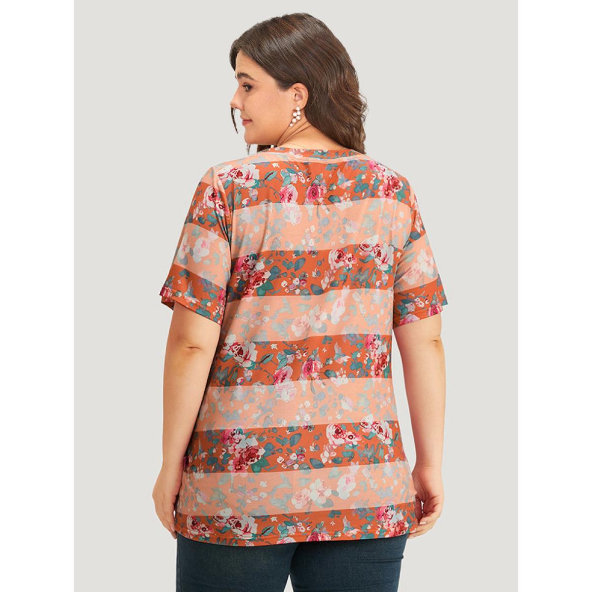 Plus Size Halloween Floral Print Striped Crew Neck T-shirt Multicolor Women Casual Printed Plants Round Neck Festival-Halloween T-shirts BloomChic 12/L Product Image