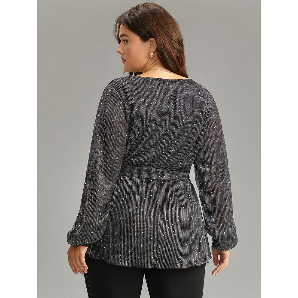 Plus Size Black Halloween Sequin Belted Elastic Waist Ruffle Hem Blouse Women Party Long Sleeve V-neck Festival-Halloween Blouses BloomChic 10/M Product Image