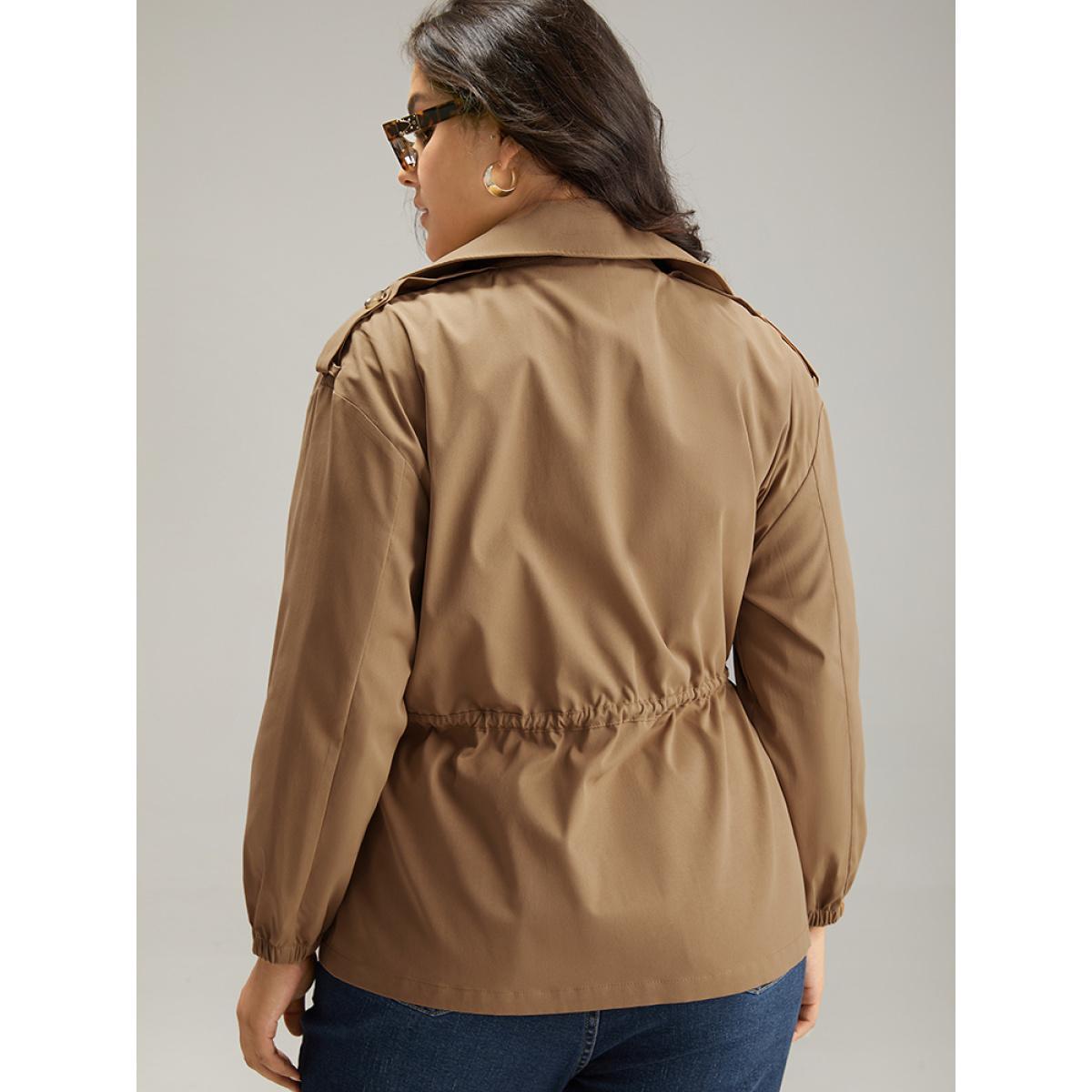 Plus Size Solid Lapel Collar Drawstring Button Detail Coat Women Bronze Dailywear Elastic cuffs Plain 22-24/3X Pocket Casual Trench Coats BloomChic Product Image