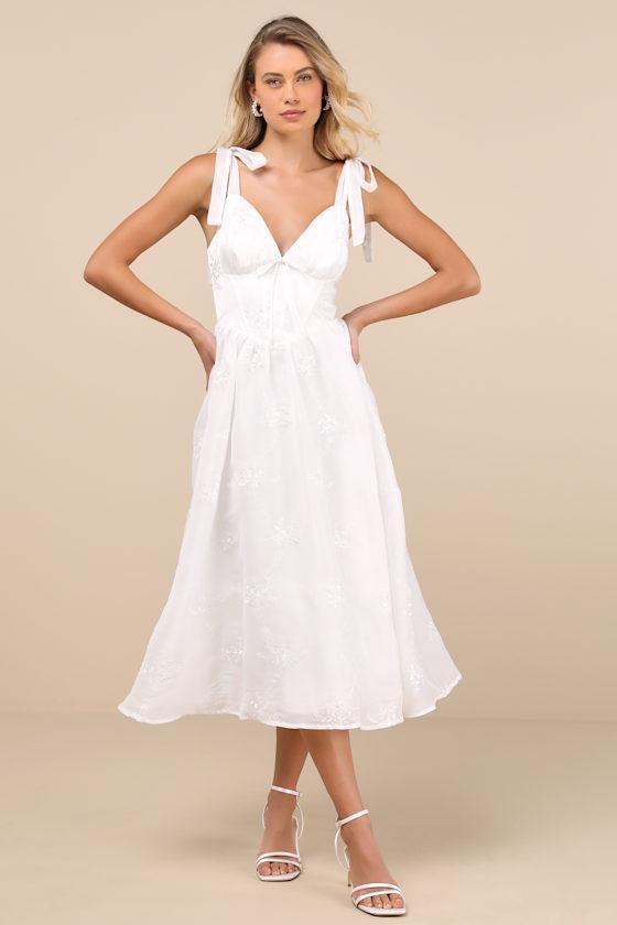 Aero White Embroidered Tie-Strap A-Line Midi Dress Product Image