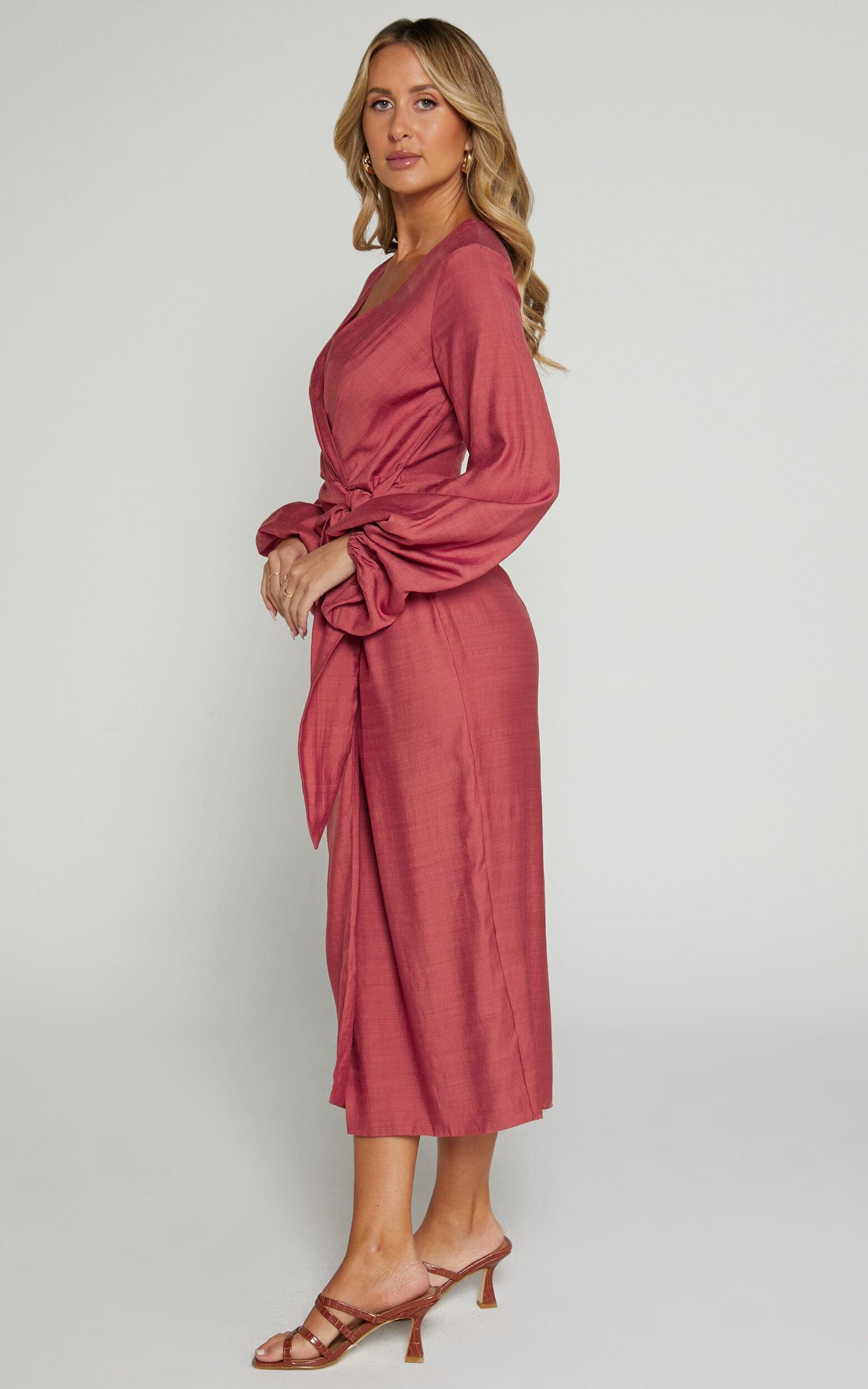 Taylor Midi Dress - Long Sleeve Wrap Dress in Clay Product Image
