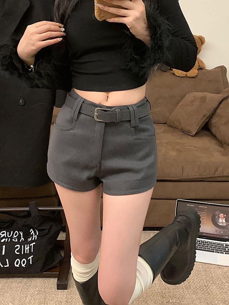 Set: Mid Rise Plain Shorts + Belt Product Image
