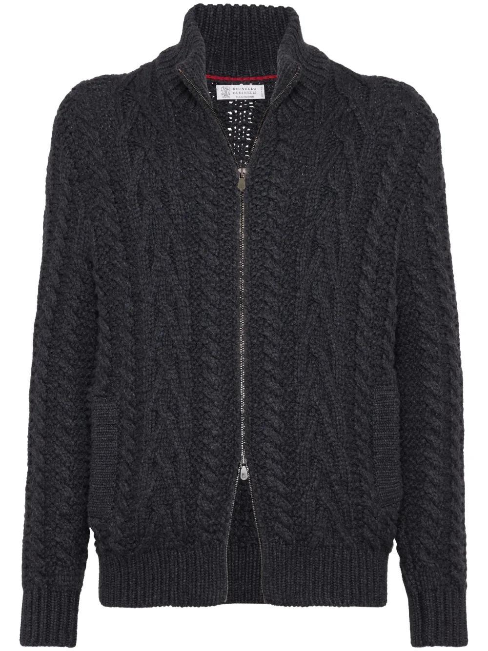 BRUNELLO CUCINELLI Cashmere Irish Cable Turtleneck Cardigan In Grey Product Image