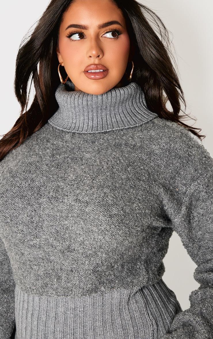 Plus Charcoal Contrast Textured Knit Bardot Foldover Sweater Product Image