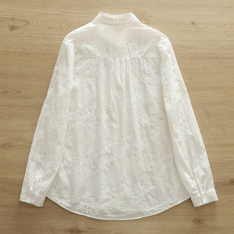 Long Sleeve Band Collar Embroidered Shirt Product Image
