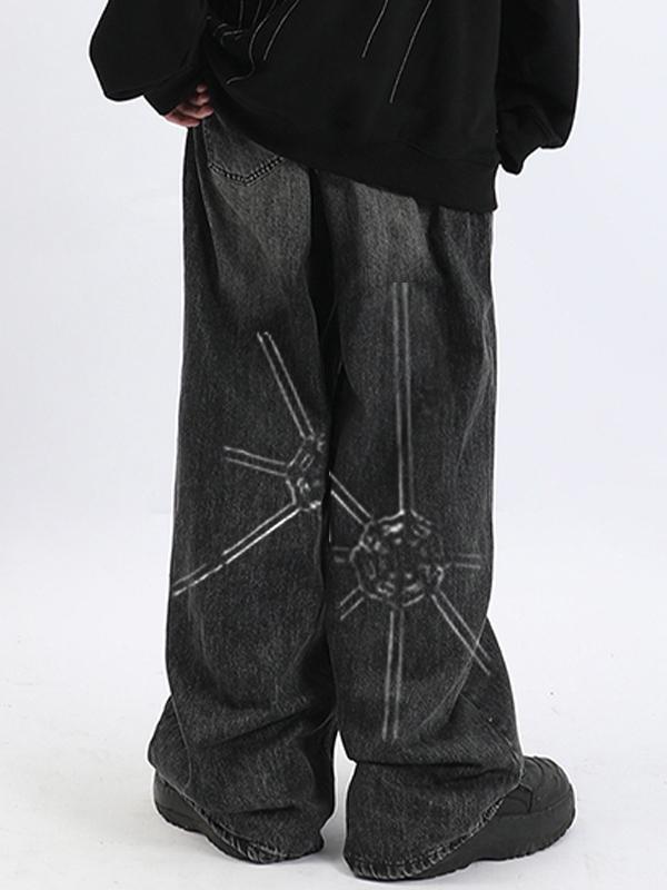 Men's Washed Spider Web Print Loose Jeans Product Image