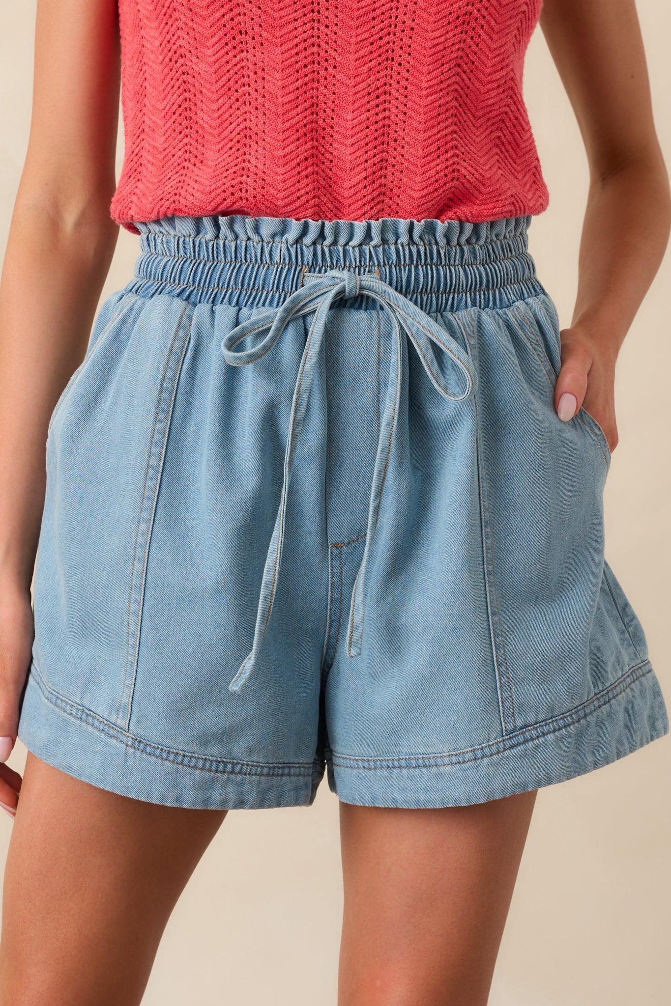 First Things First Light Wash Cotton Drawstring Denim Shorts Product Image