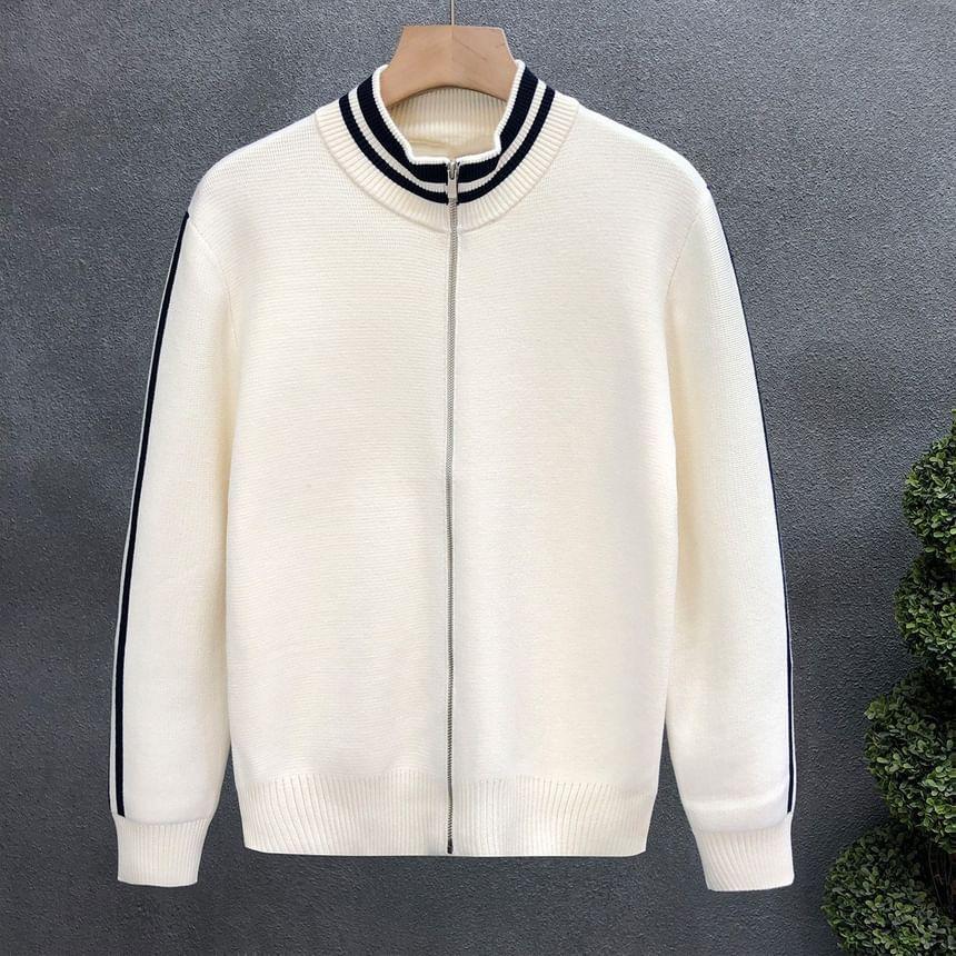 Mock Neck Striped Panel Zip-Up Cardigan Product Image