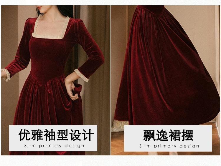 3/4-Sleeve Square Neck Frill Trim Velvet Midi A-Line Dress Product Image
