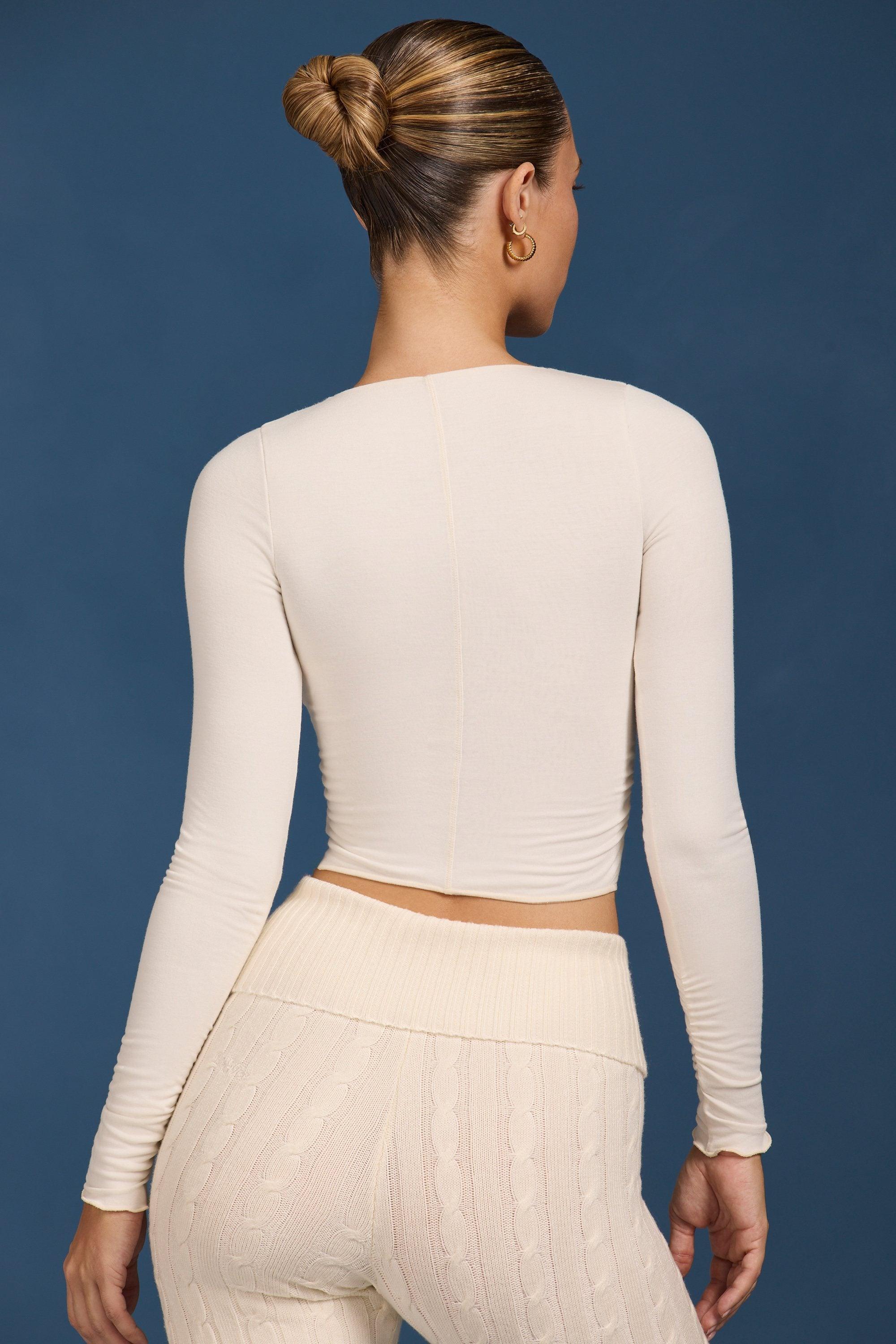 Ruched Long-Sleeve Crop Top in Cream Product Image
