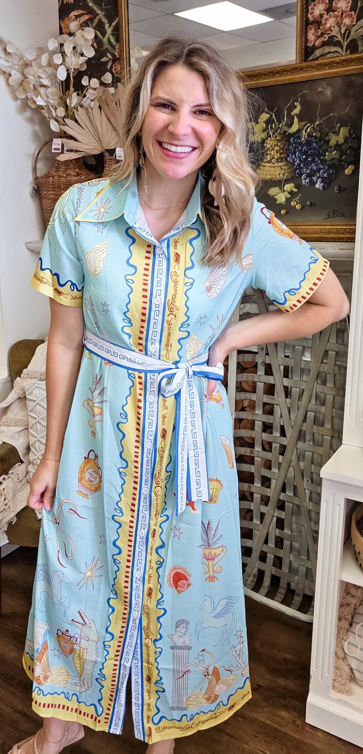 Take Me to Greece Midi Button Up Tie Dress (Small to 2XL) Product Image