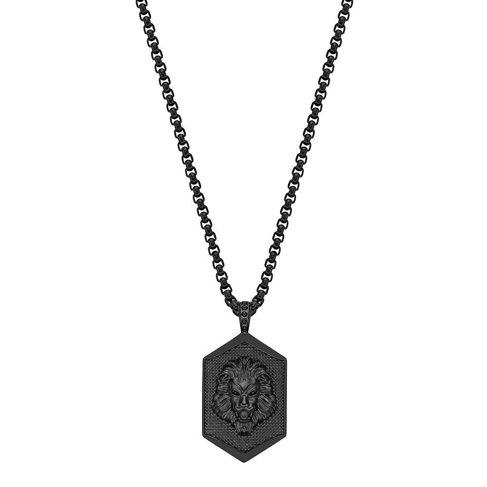 Men's LYNX Stainless Steel Black Ion-Plated Lion Dog Tag Pendant Necklace, Size: 24" Product Image