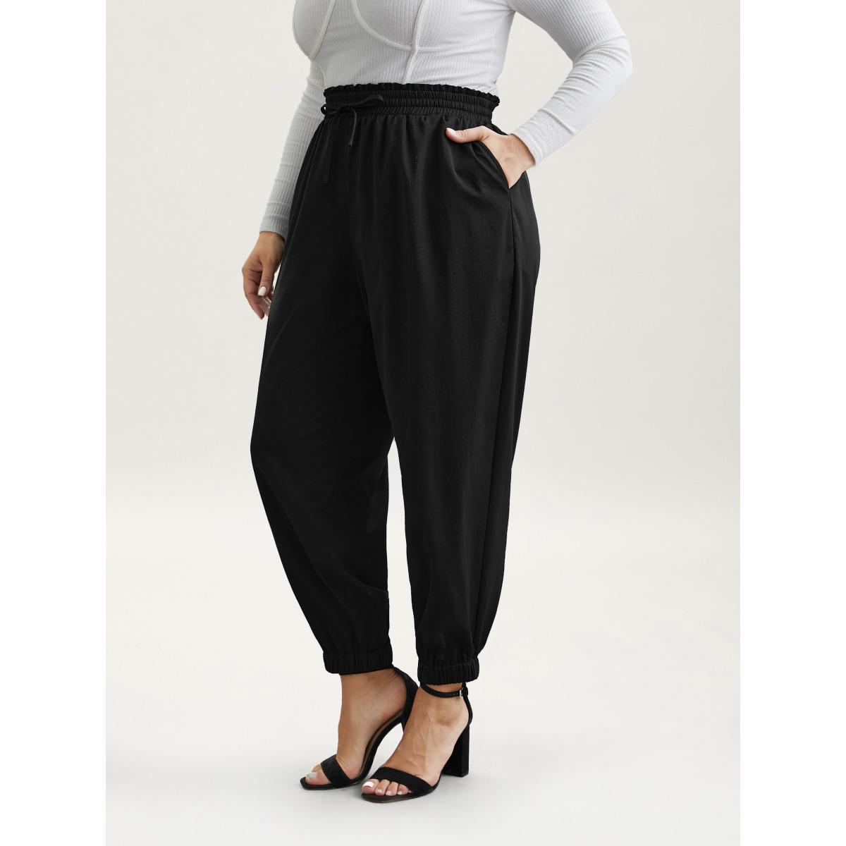 Plus Size Ruffled Waist Drawstring Tapered Pants Women Black Casual Mid Rise Everyday Pants BloomChic 14-16/1X Product Image