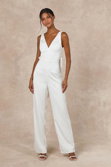 Angelic Aesthetic Ivory Satin Bow Back Sleeveless Jumpsuit Product Image