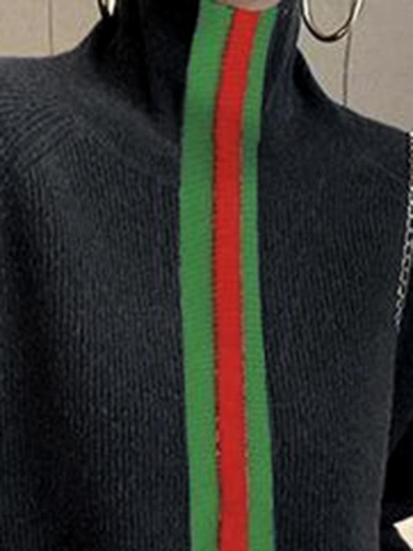 Long Sleeves Loose Split-Joint Striped High Neck Sweater Tops Product Image