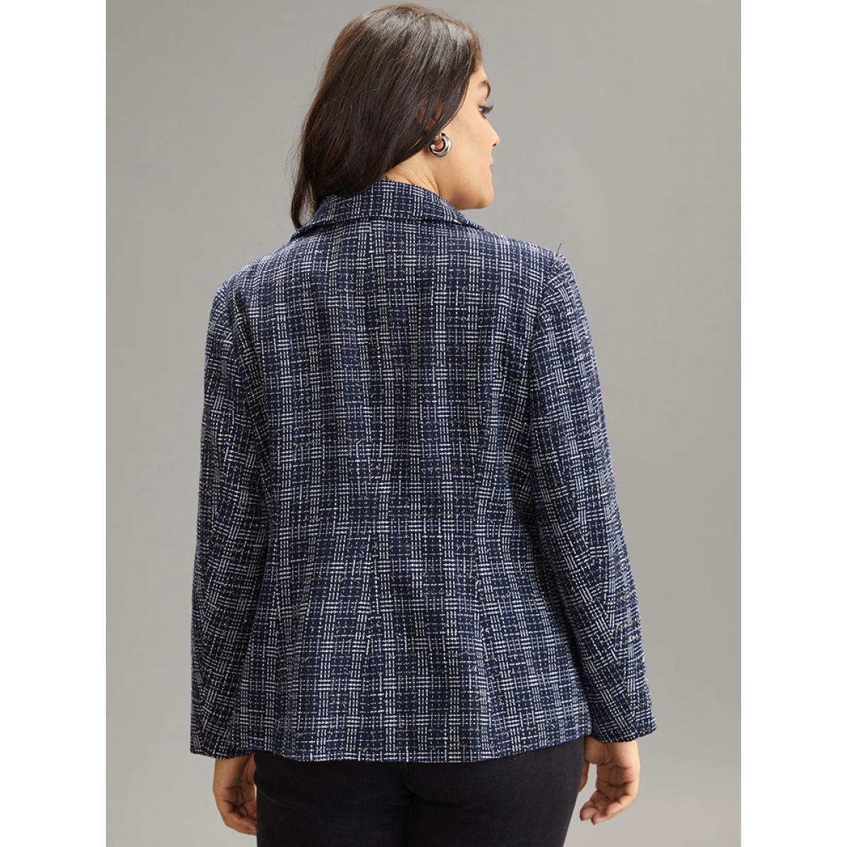 Plus Size Tweed Plaid Suit Collar Metal Detail Blazer Indigo Women Dailywear Plaid Lined Sleeve Long Sleeve Suit Collar 22-24/3X Pocket Casual Blazers BloomChic Product Image