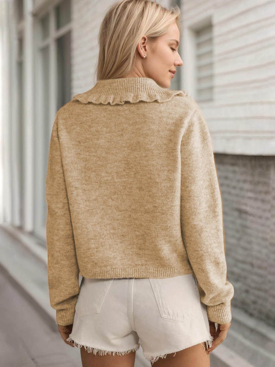 Frill Button Up Collared Neck Long Sleeve Cardigan Product Image
