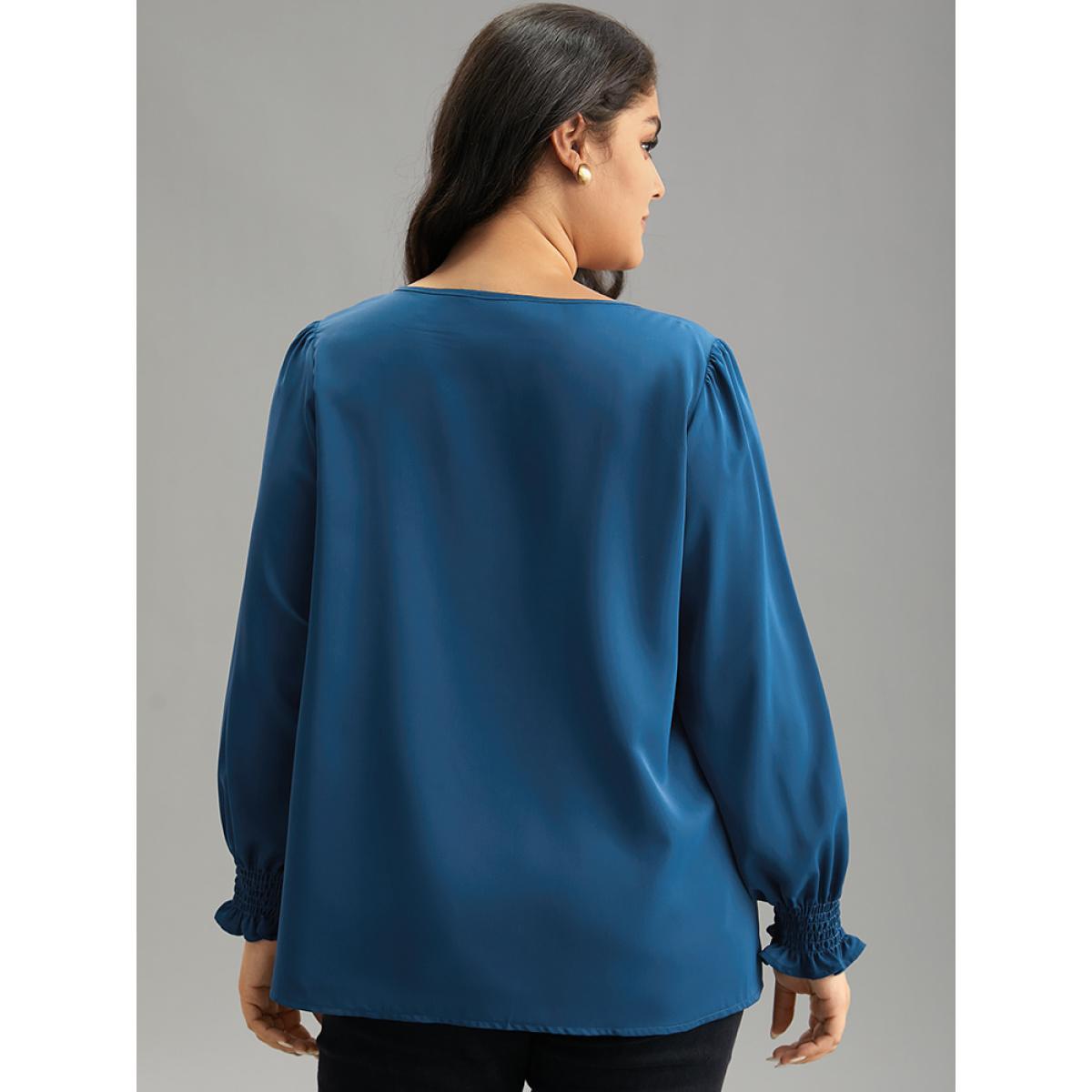 Plus Size Aegean Static-Free Plain Metal Detail Keyhole Shirred Blouse Women Office Long Sleeve Keyhole Cut-Out Work Blouses BloomChic 28/5X Product Image