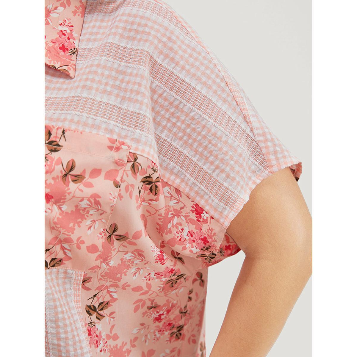 Plus Size MistyRose Floral Patchwork Pocket Button Up Arc Hem Blouse Women Elegant Short sleeve Shirt collar Dailywear Blouses BloomChic 12/L Product Image