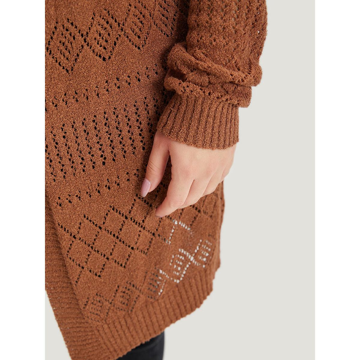 Plus Size Solid Geometric Hollow Out Open Front Cardigan Chocolate Women Casual Long Sleeve Dailywear Cardigans BloomChic 22-24/3X Product Image