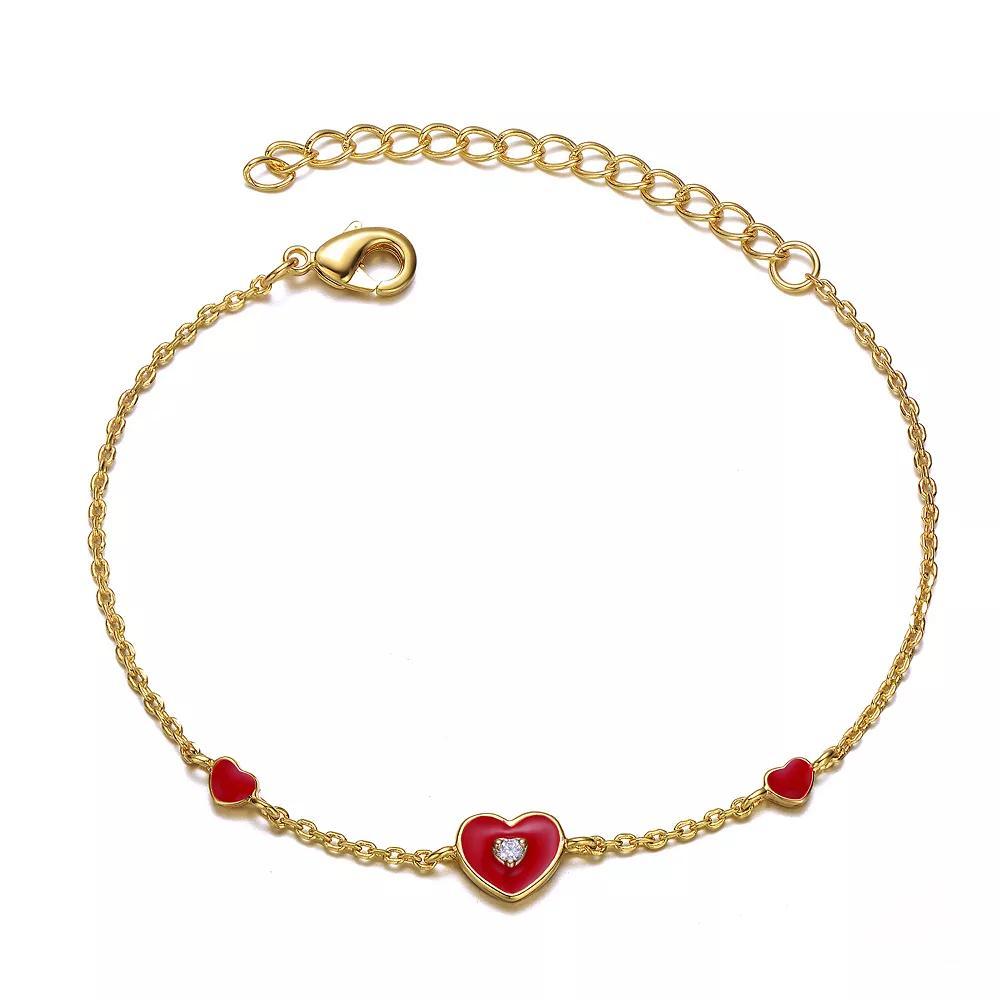 Kids 14k Gold Plated Bracelet Cubic Zirconia Enameled Heart Station Bracelet, Womens Gold Tone Product Image