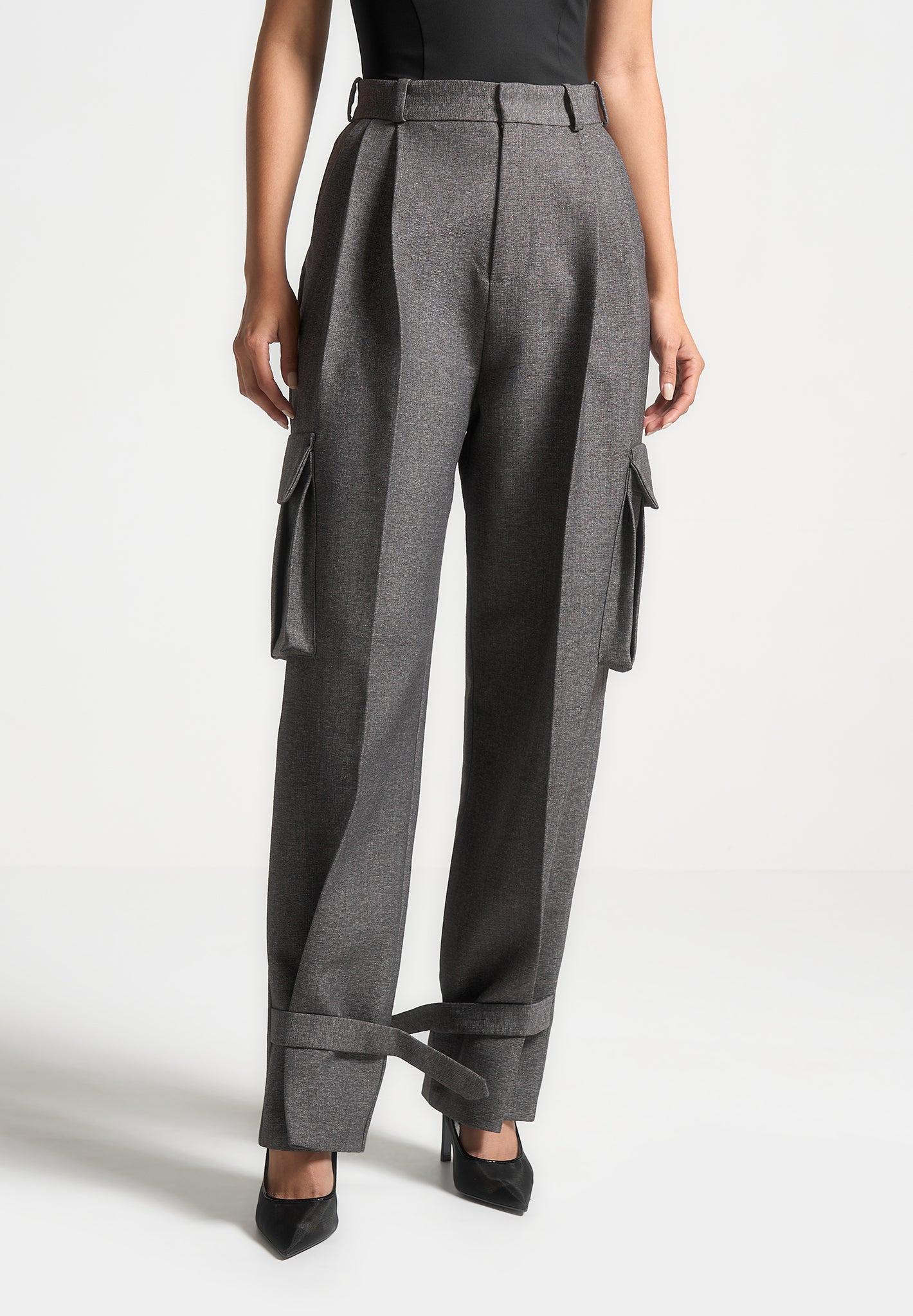 Textured Tailored Pleated Cargo Trousers - Grey Marl Female Product Image